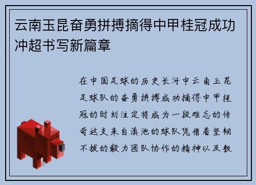 云南玉昆奋勇拼搏摘得中甲桂冠成功冲超书写新篇章 云南玉昆奋勇拼搏摘得中甲桂冠成功冲超书写新篇章