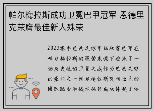 帕尔梅拉斯成功卫冕巴甲冠军 恩德里克荣膺最佳新人殊荣 帕尔梅拉斯成功卫冕巴甲冠军 恩德里克荣膺最佳新人殊荣